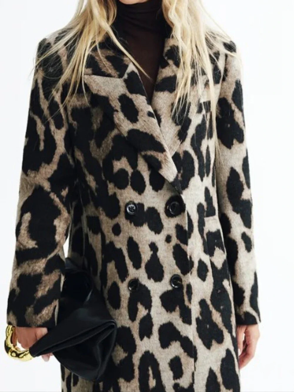 Commense Leopard Print Wool-Blend Double-Breasted Coat M